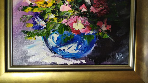 Abstract flowers, original small framed oil painting, gift idea, palette knife painting