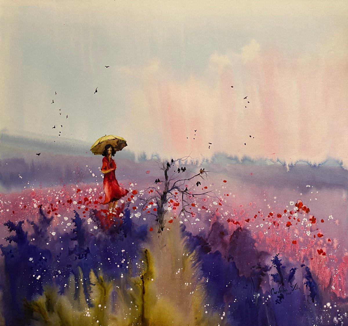 Watercolor -Beauty of lavender and poppies-? perfect gift by Iulia Carchelan