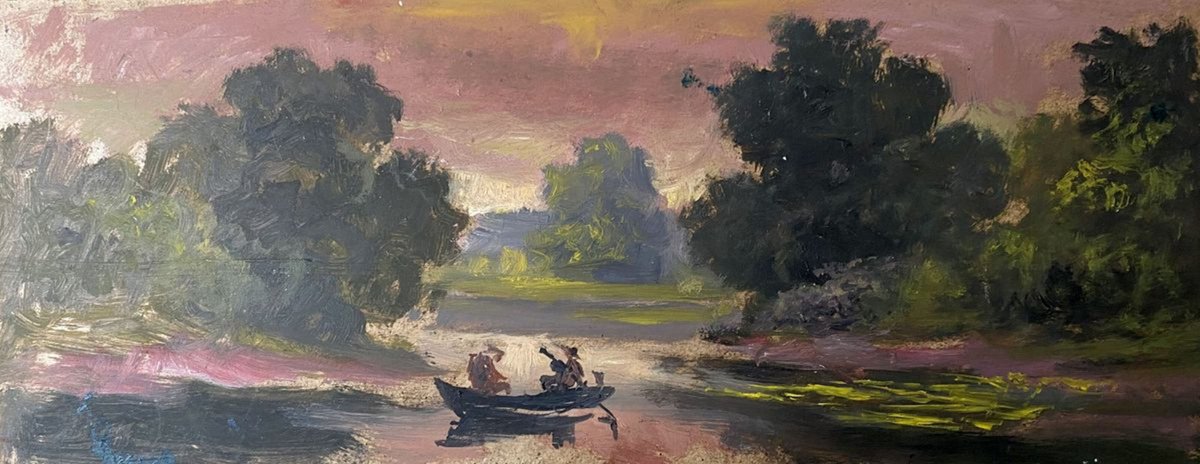 Impressionistic Landscape Oil Painting By Oleg And Alexander Litvinov, 16 X 6", Evening On The River, Original Artwork