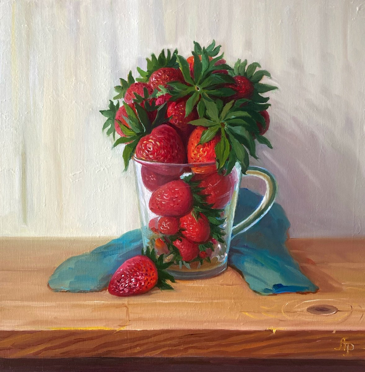 Photorealistic Oil Painting , Glass With Strawberries By Olena Romanenko, 16 X 16, Artwork For Sale On Artfinder