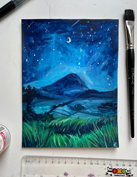 Starry Night Original Gouache Painting, Mountain Artwork, Moon Wall Art, Cottagecore Aesthetics