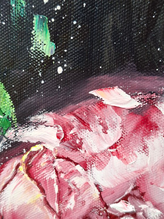 Midnight bloom, floral peonies painting