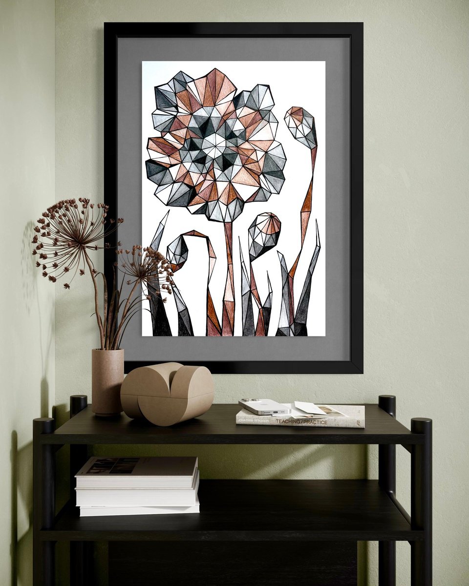 Geometric Pencil Drawing , Terracotta Poppy In Calm Field By Maria Tuzhilkina, 11 X 17, Artwork For Sale On Artfinder