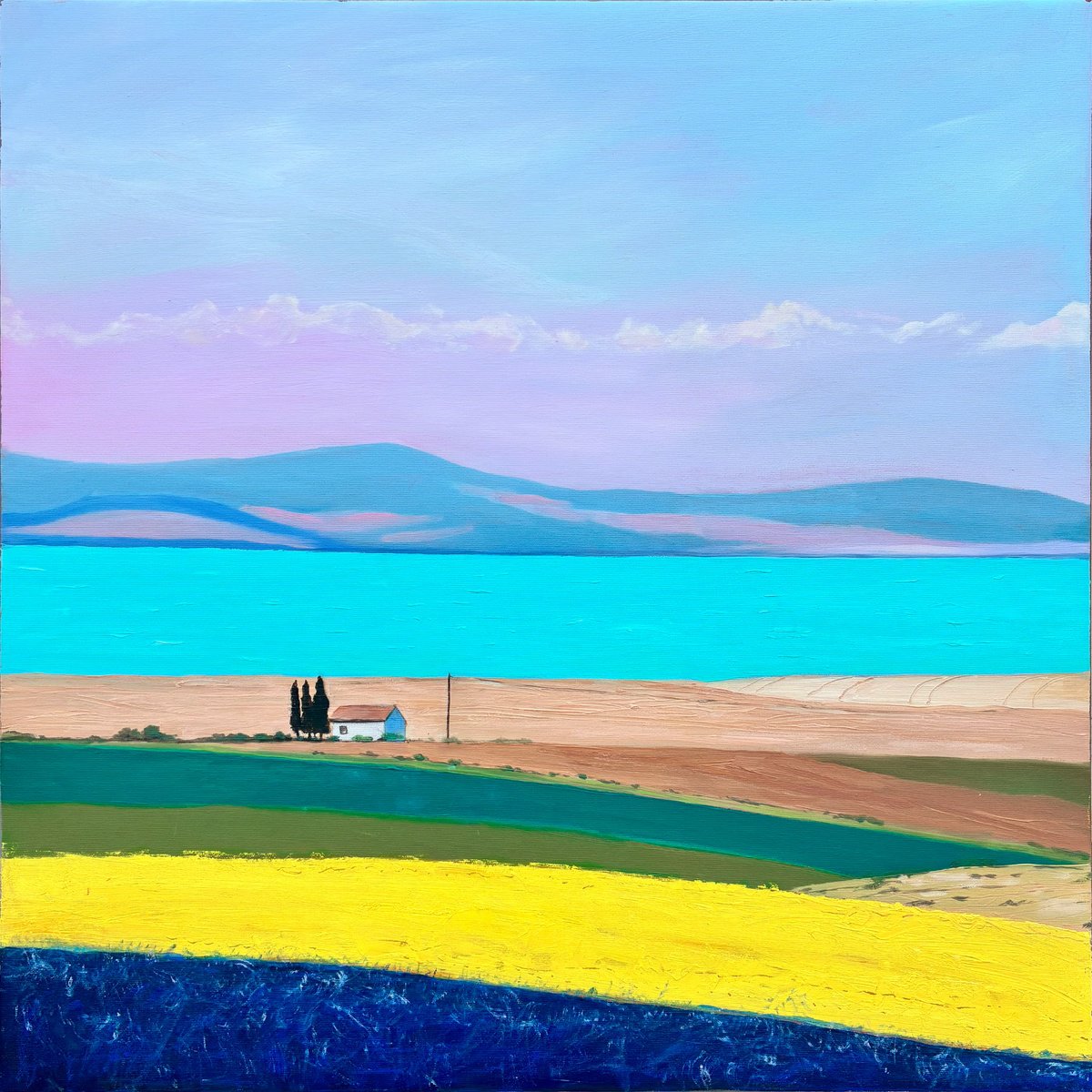 Organic Landscape Oil Painting By Olga Gamy, 28 X 28", - Lake House - ?, Original Artwork