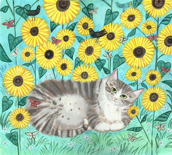 Tabby with Sunflowers