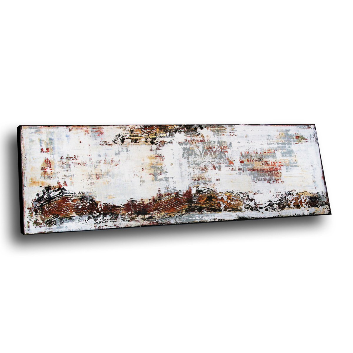 EXCITING JOURNEY - 59 x 19.7 - ABSTRACT PAINTING WITH STRUCTURES - WHITE BEIGE GOLD by Inez Froehlich