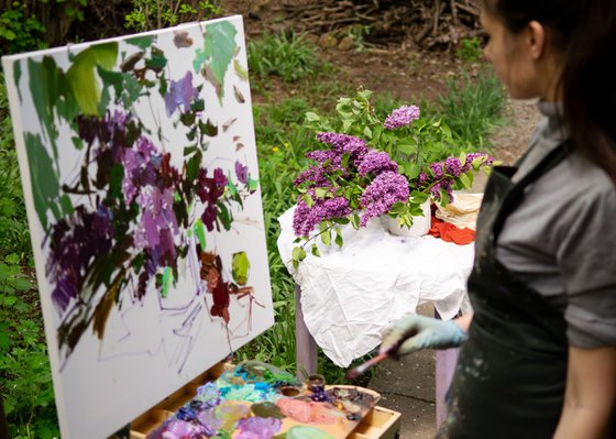 Lilacs still life impasto painting