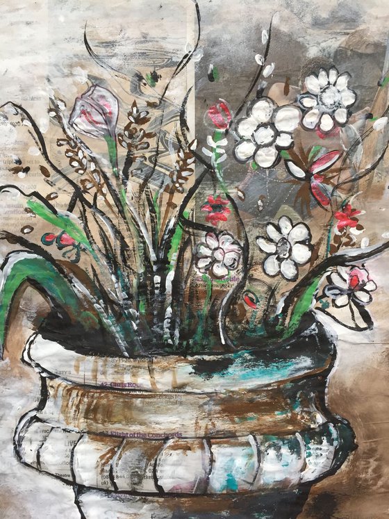 Pot Flowers Acrylic on Newspaper Nature Art Flower Painting of Colour Floral Art 37x29cm Gift Ideas Original Art Modern Art Contemporary Painting Abstract Art For Sale Buy Original Art Free Shipping