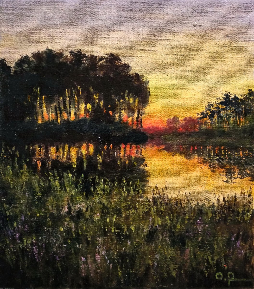 Impressionistic Landscape Oil Painting By Oleh Rak, 11 X 12", Evening Fire, Original Artwork