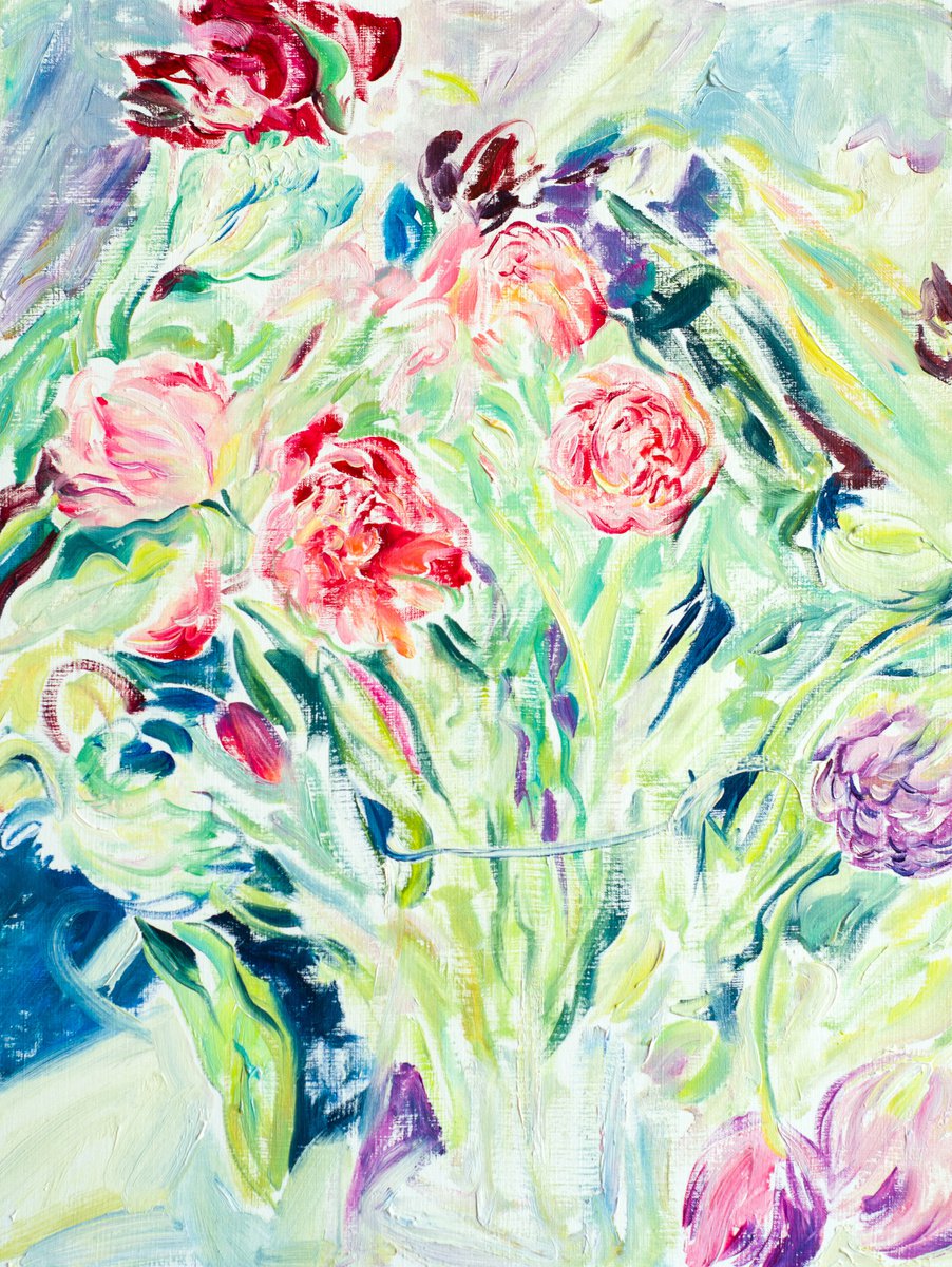 Impressionistic Botanical Oil Painting By Daria Galinski, 12 X 16, Purple Tulips Bouquet, Original Artwork