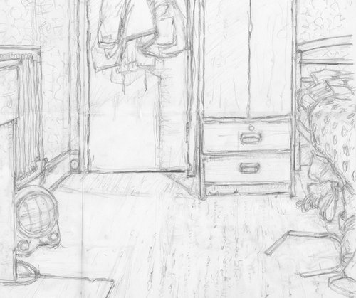 Room 6 - Heater and cupboard -pencil drawing by Hugo Lines