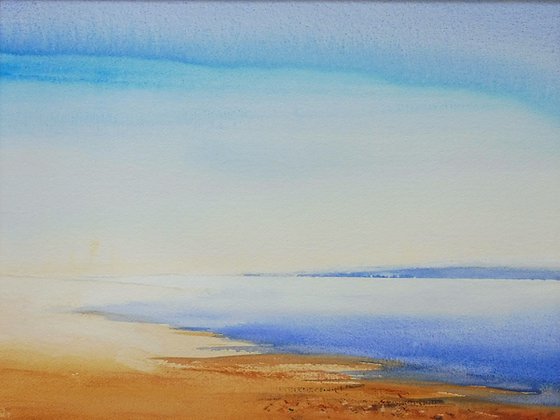 CALM BEACH BLUE SEA SKY. Impressionistic Original Seascape Watercolour Painting.
