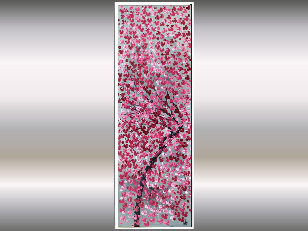 Abstract Botanical Acrylic Painting By Edelgard Schroer, 17 X 48, Flammende Bluten, Original Artwork