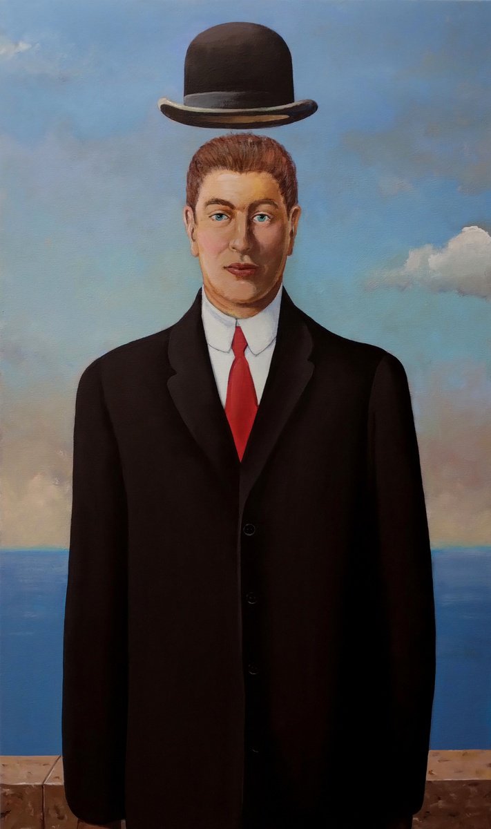 Surrealistic Portrait Acrylic Painting By Mir-Jan, 24 X 39", "For Magritte 02", Original Artwork