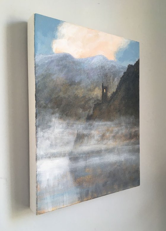 Castle in the Mist. Semi abstract classical landscape on canvas 40x30cm.