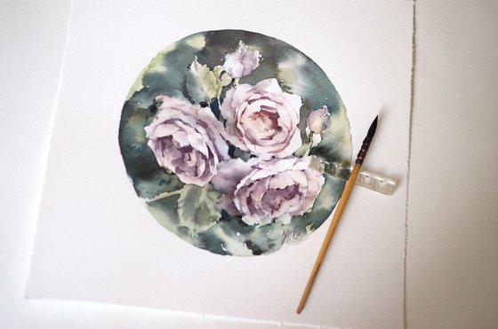 Watercolor roses in a circle, Light purple flowers and green leaves