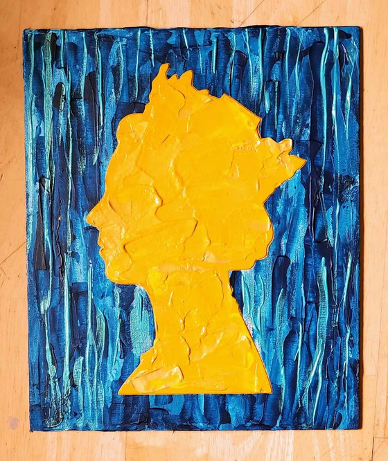 Queen #55 on ultramarine turquoise raining metallic  background , GOLD, YELLOW  NAVY BLUE  inspired by Queen Elizabeth II