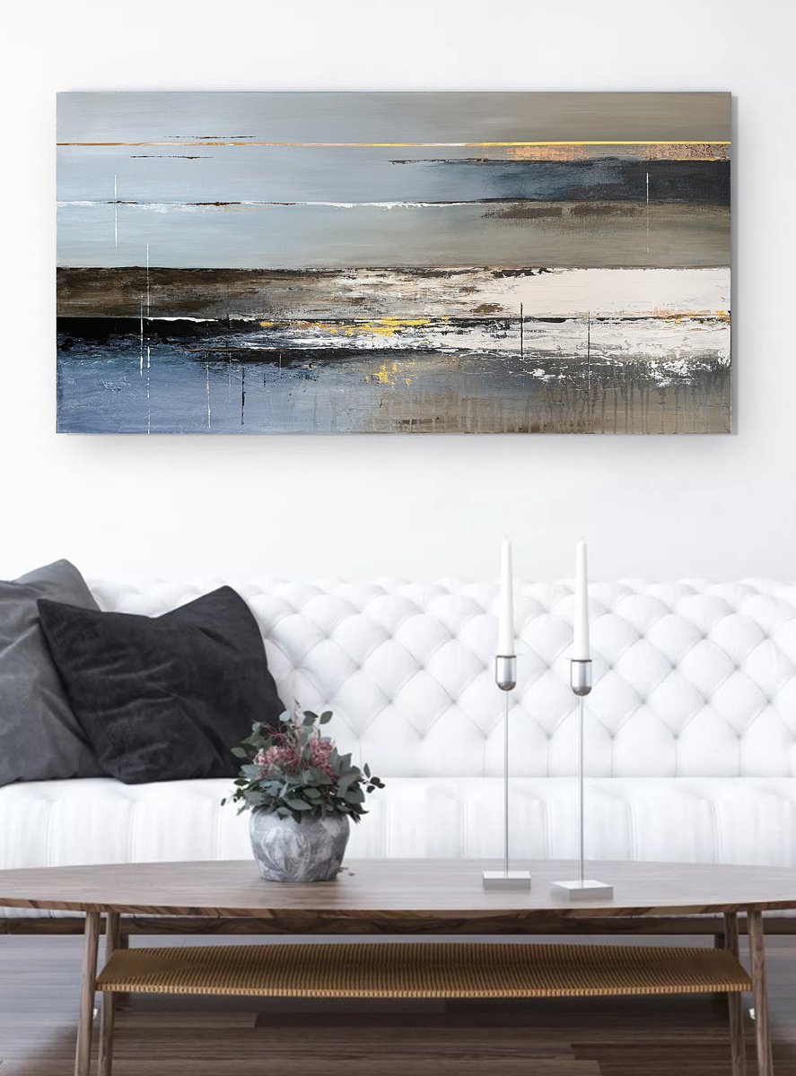 Geometric Landscape Acrylic Painting By Tatiana Malinovscaia, 39 X 20", Serene Reflections, Original Artwork