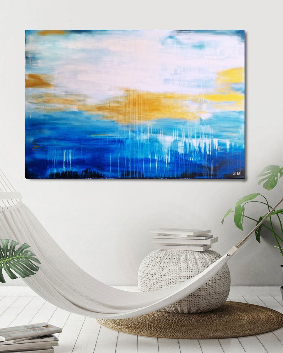 Abstract Landscape Acrylic Painting By Stefanie Rogge, 55 X 39", Floating Gold #9 - Seascape, Original Artwork