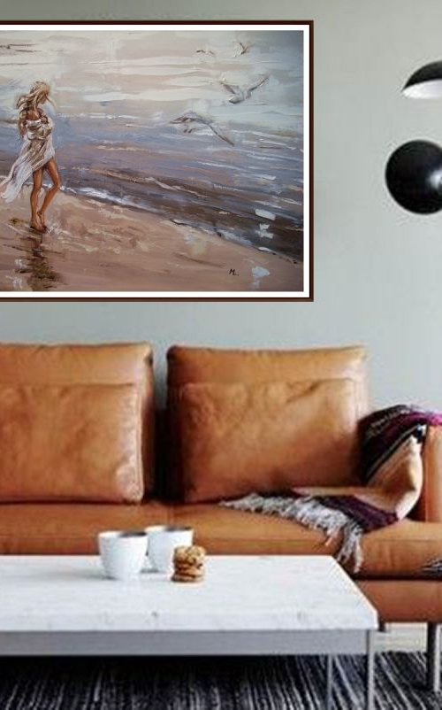 100x70cm " GO toward the light ... " SEA LARGE SIZE original painting palette knife GIFT MODERN URBAN ART OFFICE ART DECOR HOME DECOR GIFT IDEA by Monika Luniak
