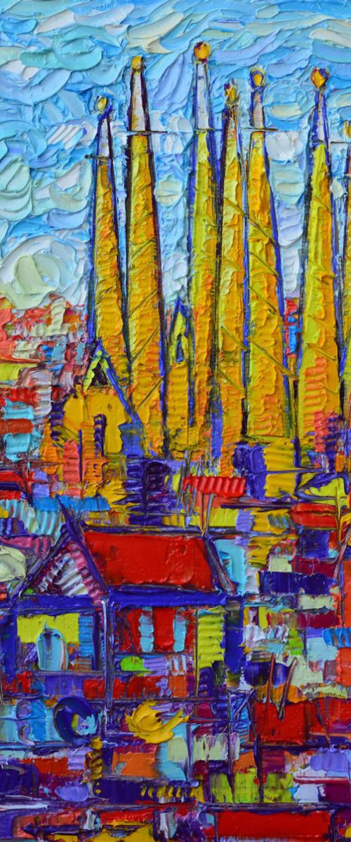 BARCELONA ABSTRACT CITYSCAPE 5 - SAGRADA FAMILIA IN LIGHT  impasto contemporary impressionist palette knife oil painting by ANA MARIA EDULESCU