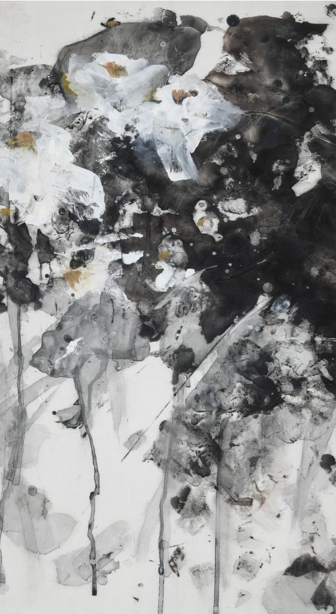 Impressionistic Botanical Painting By Ruozhou Zhuang, 18 X 31", White Lotus Ii, Original Artwork