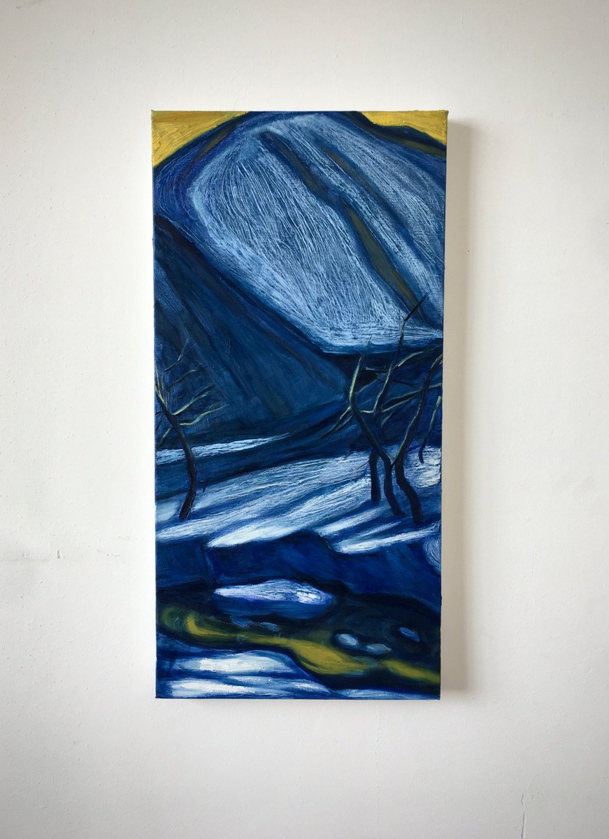 Expressive Landscape Oil Painting By Raffi Ghazaryan, 11 X 21", - Winter Evening - ?, Original Artwork