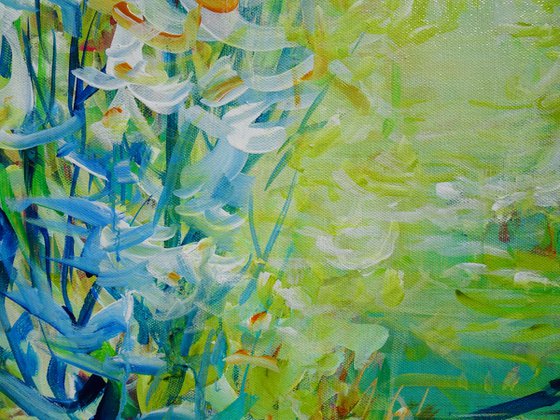 Abstract Forest Pond Painting II. Floral Garden. Abstract Tropical Flowers and Birds. Original Blue Green Teal Painting on Canvas Modern Art (2021)