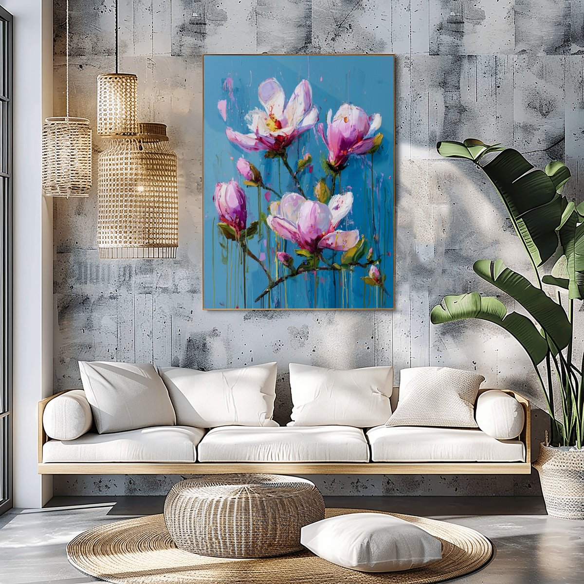 Impressionistic Botanical Giclee Print By Mily Art, 30 X 39", Magnolia On Turquoise Blue, Original Artwork