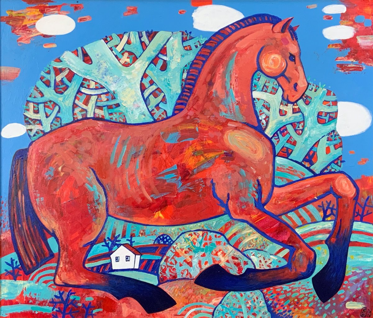 Naive Acrylic Painting , Red Horse By Elena Tomilova, 33 X 29, Artwork For Sale On Artfinder