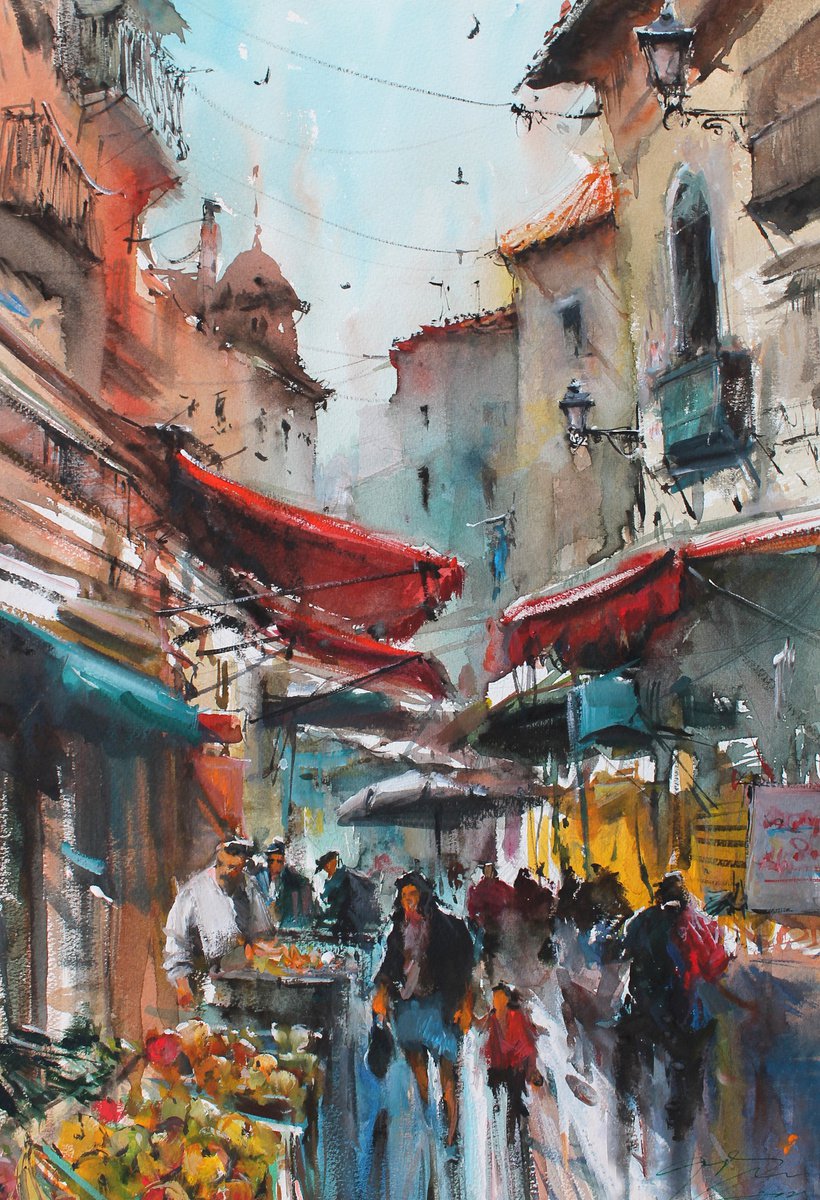 Impressionistic Cityscapes Watercolour By Maximo Damico, 15 X 22", Palermo Mercato Ballaro