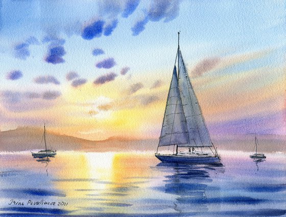Sailboat at sunset original watercolor painting with boat in water medium  size, above bad decor Watercolour by Irina Povaliaeva