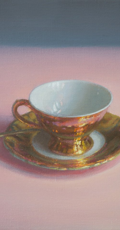 Coffee cup on pink tablecloth by Irina Trushkova