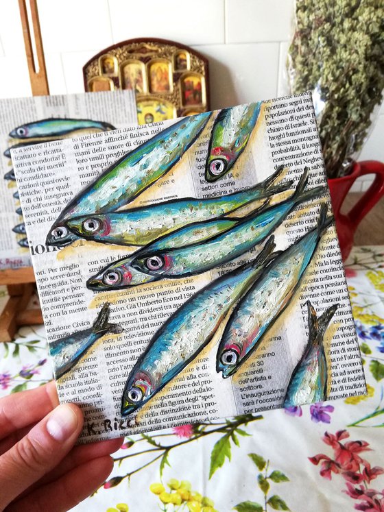 "Fishes  on Newspaper" Original Oil on Canvas Board Painting 6 by 6 inches (15x15 cm)