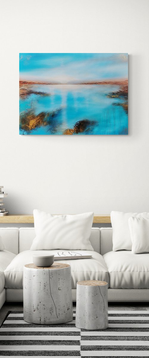 A large modern abstract figurative structured seascape painting "Serenity" by Vera Hoi