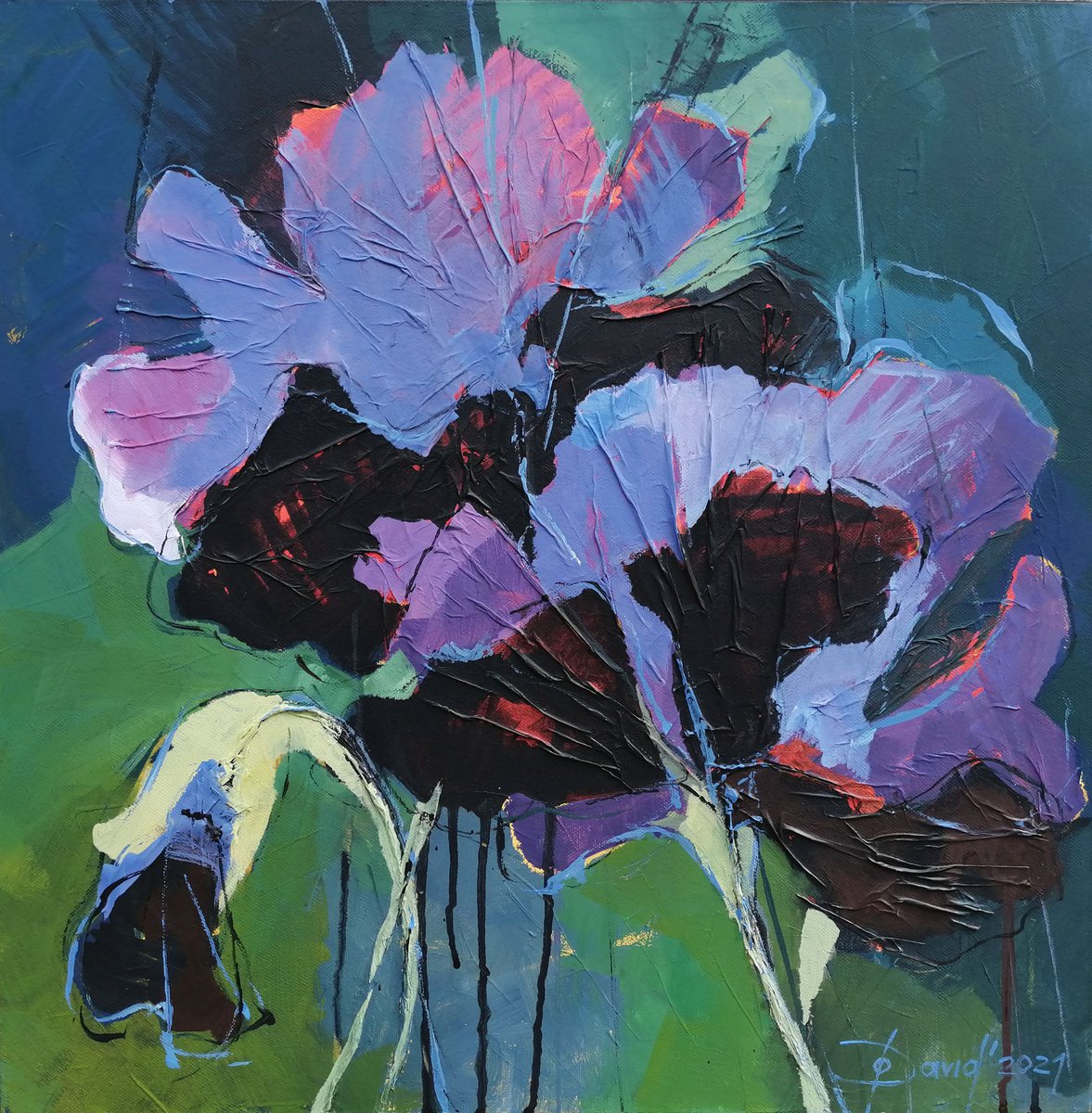 Impressionistic Botanical Acrylic Painting By Olga David, 20 X 20", Irises Violet With Blue Flower, Original Artwork