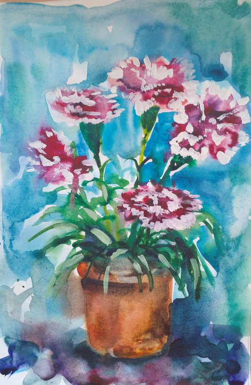 Carnations in the pot by Oxana Raduga