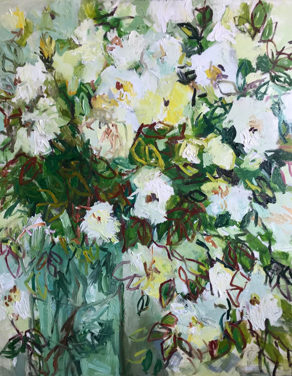 Impressionistic Botanical Oil Painting By Lilia Orlova-Holmes, 31 X 39", Hedge Roses In A Glass Vase, Original Artwork