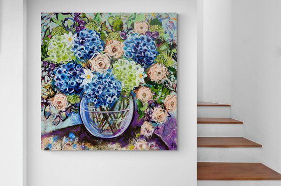Blue Hydrangea and Roses