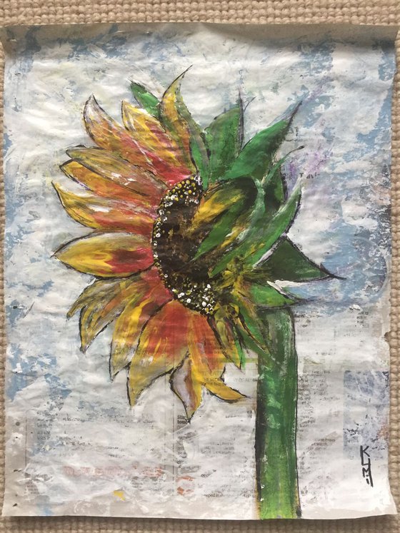 Sunflower Floral Art on Newspaper Single Sunflower Painting Portraiture of Flower Beautiful Paintings 37x29cm Artwork Gift Ideas Original Art Modern Art Contemporary Painting Abstract Art For Sale Free Shipping