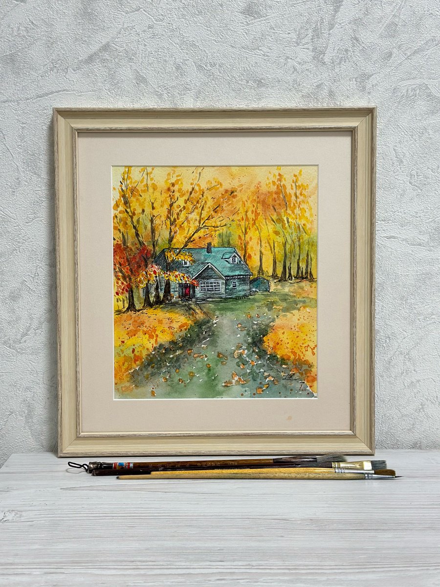 Illustrative Landscape Watercolour By Luba Ostroushko, 14 X 15", Autumn, Watercolor, Original Artwork