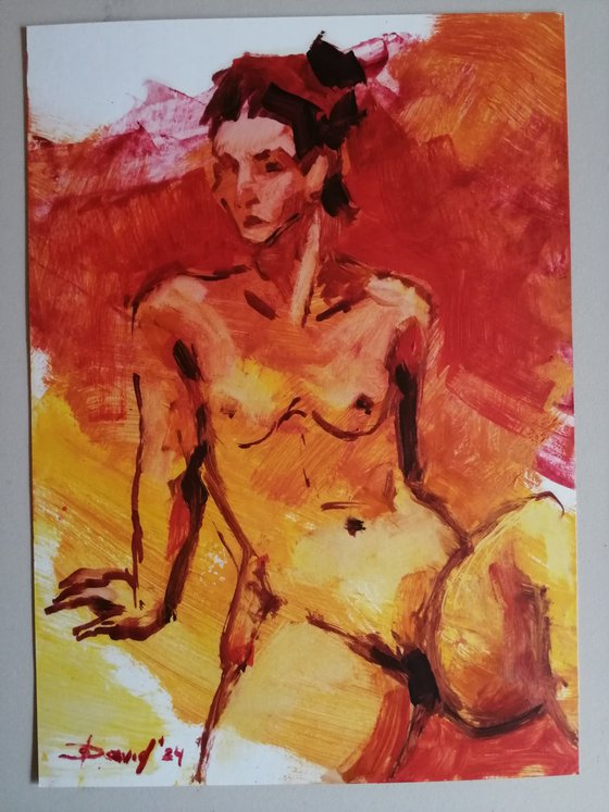 Nude orange study women oil on paper