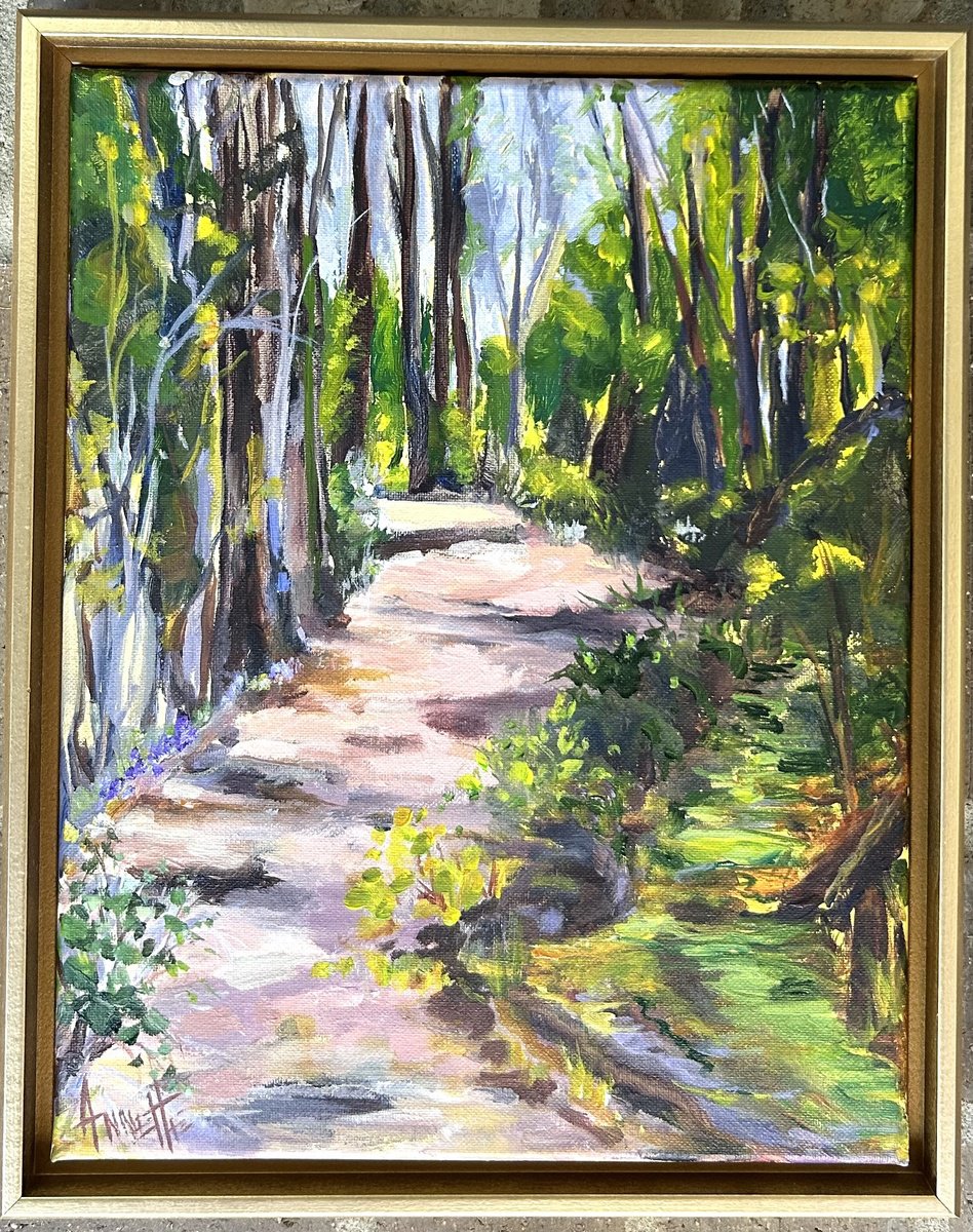 Impressionistic Landscape Acrylic Painting By Annette Wolters, 12 X 15, Sunlit Path, Original Artwork