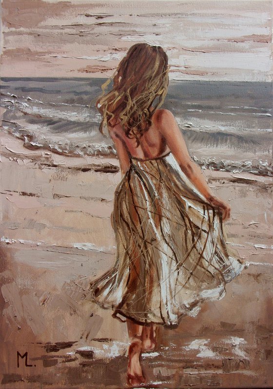 " ONE DAY ... "  SUN SKY SEA SAND liGHt  ORIGINAL OIL PAINTING, GIFT, PALETTE KNIFE