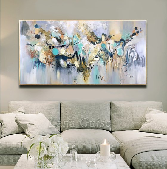 White Chocolate - Abstract Painting 60" x 30" Large Abstract Gold Leaf Soft Colors White Gray Painting