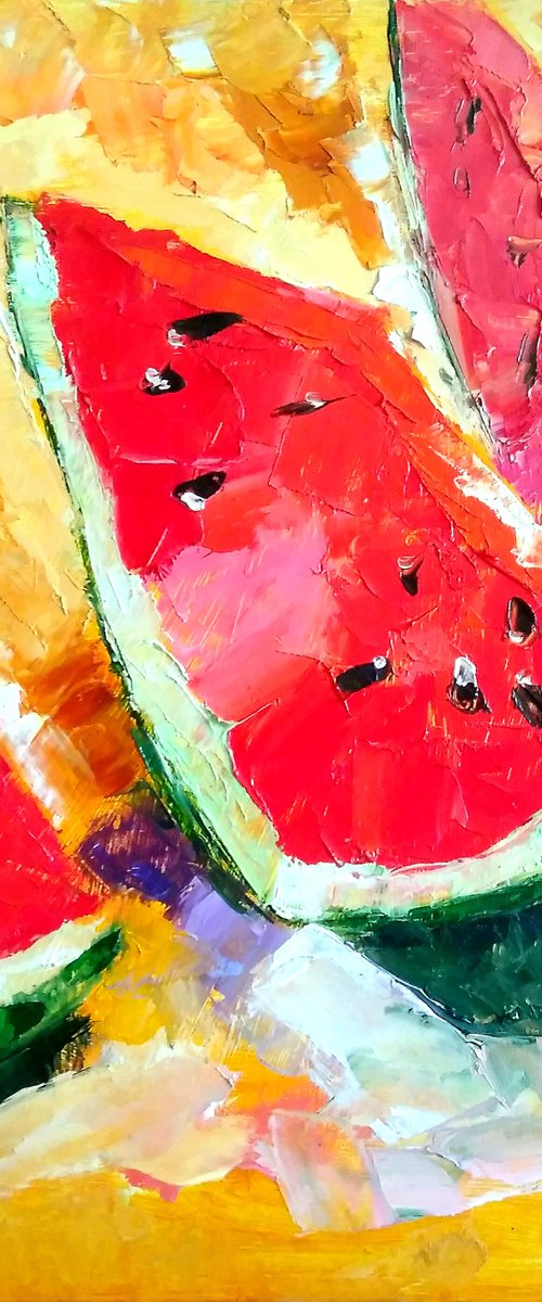 Watermelon Painting Original Art Fruit Artwork Still Life Kitchen Wall Art by Yulia Berseneva