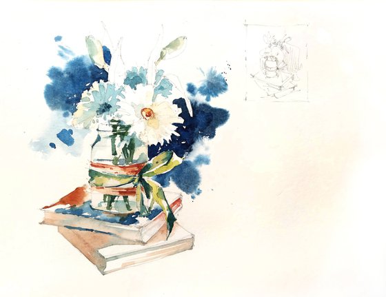 "White flowers on a blue background" - a jar of flowers stands on books modern still life watercolor sketch - series "Artist's Diary"