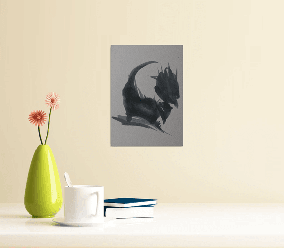 Cat and bird, ink on cardboard 15x21 cm