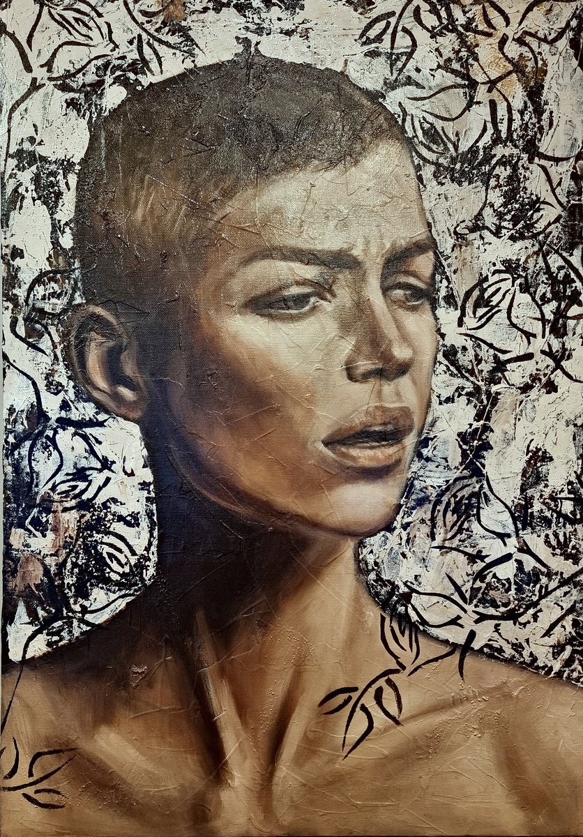 Expressive Portrait Oil Painting By Artmoods Tp, 17 X 24, Roses & Thorns 2, Original Artwork
