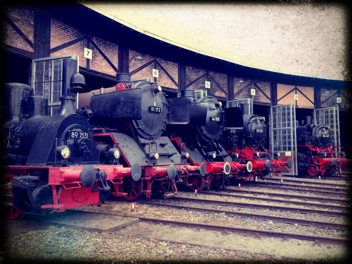 Old steam trains in the depot - print on canvas 60x80x4cm - 08504m1 by Kuebler